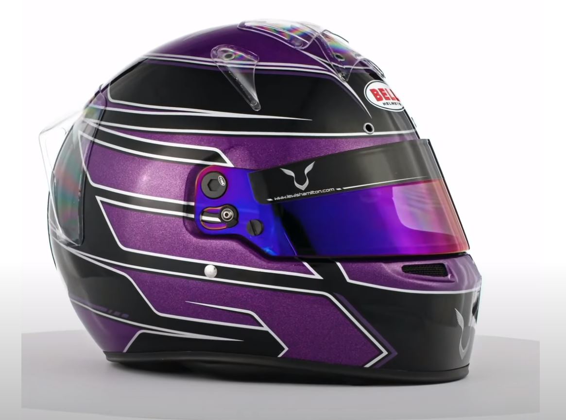 bell hamilton helmet 2019 Lewis Official Replica Limited Edition (13 Formula 1 Memorabilia CMR kart helmet in purple and black 2020 Lewis Hamilton Bahrain GP