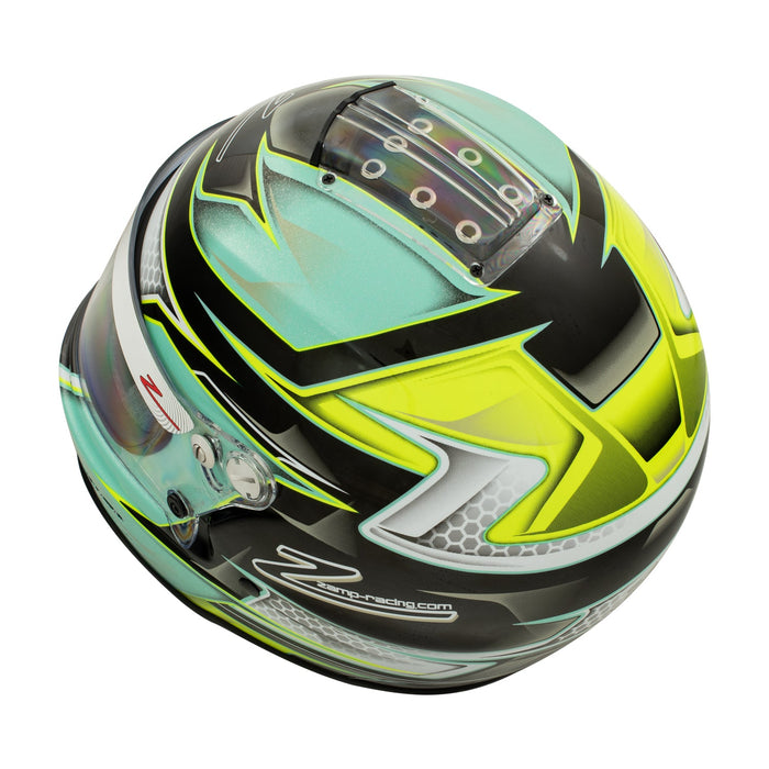 Closeup of a Zamp racing helmet