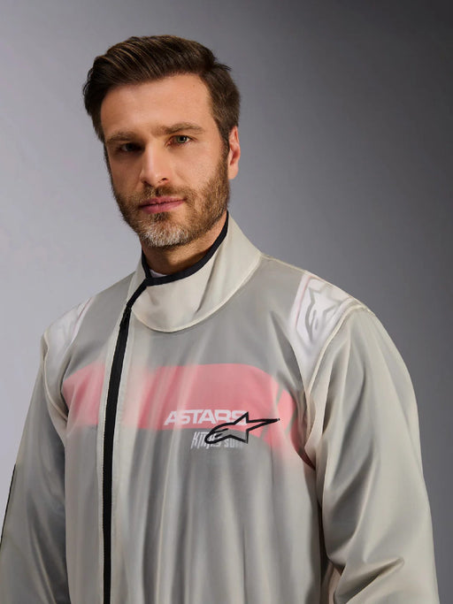 Close Up Front View of a Driver wearing the Alpinestars KART RAIN Suit at FAST RACER