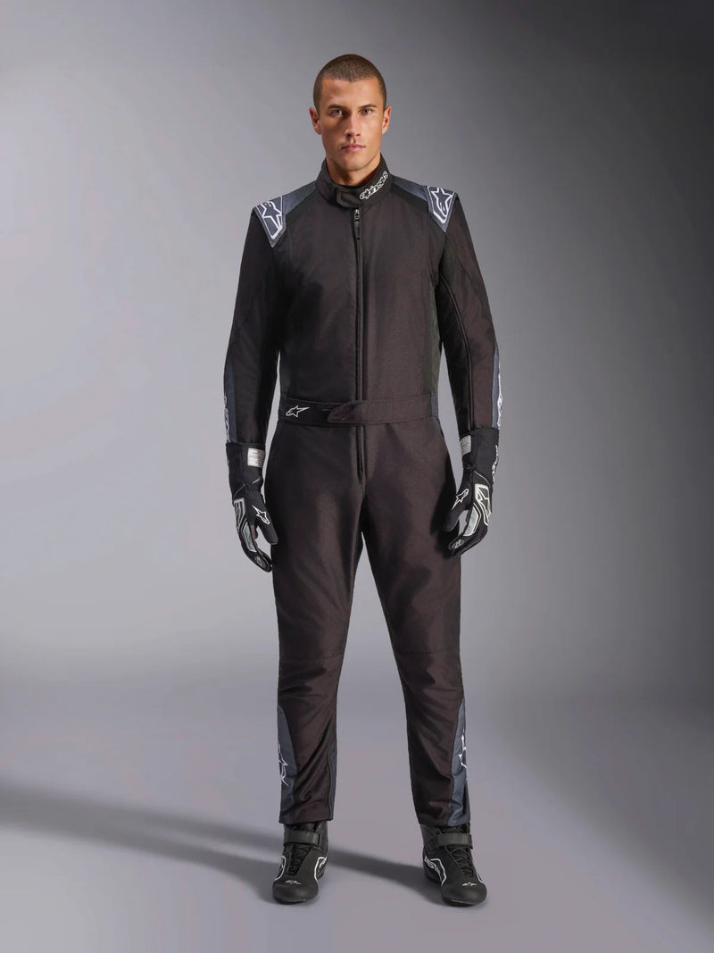 Full Front view of a driver wearing the Alpinestars KMX-5 V3 Kart Suit in Black Color at FAST RACER