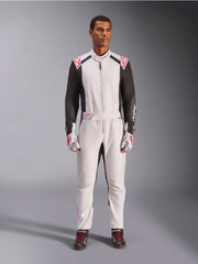Full Front view of a driver wearing the Alpinestars KMX-5 V3 Kart Suit in White Color at FAST RACER