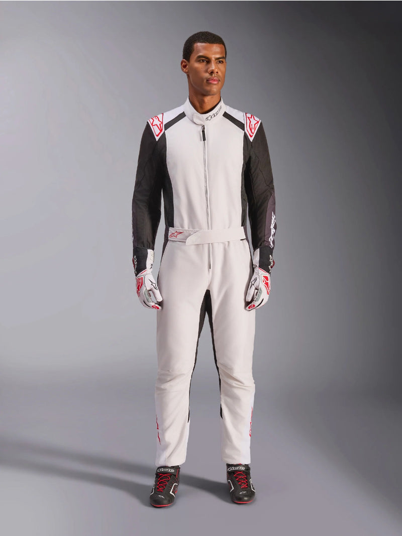 Full Front view of a driver wearing the Alpinestars KMX-5 V3 Kart Suit in White Color at FAST RACER