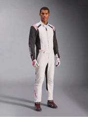 Side Right view of a driver wearing the Alpinestars KMX-5 V3 Kart Suit in White Color at FAST RACER