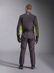 Full back view of a driver wearing the Alpinestars KMX-9 V3 Graphic 3 Kart Suit in Black/Yellow color at FAST RACER