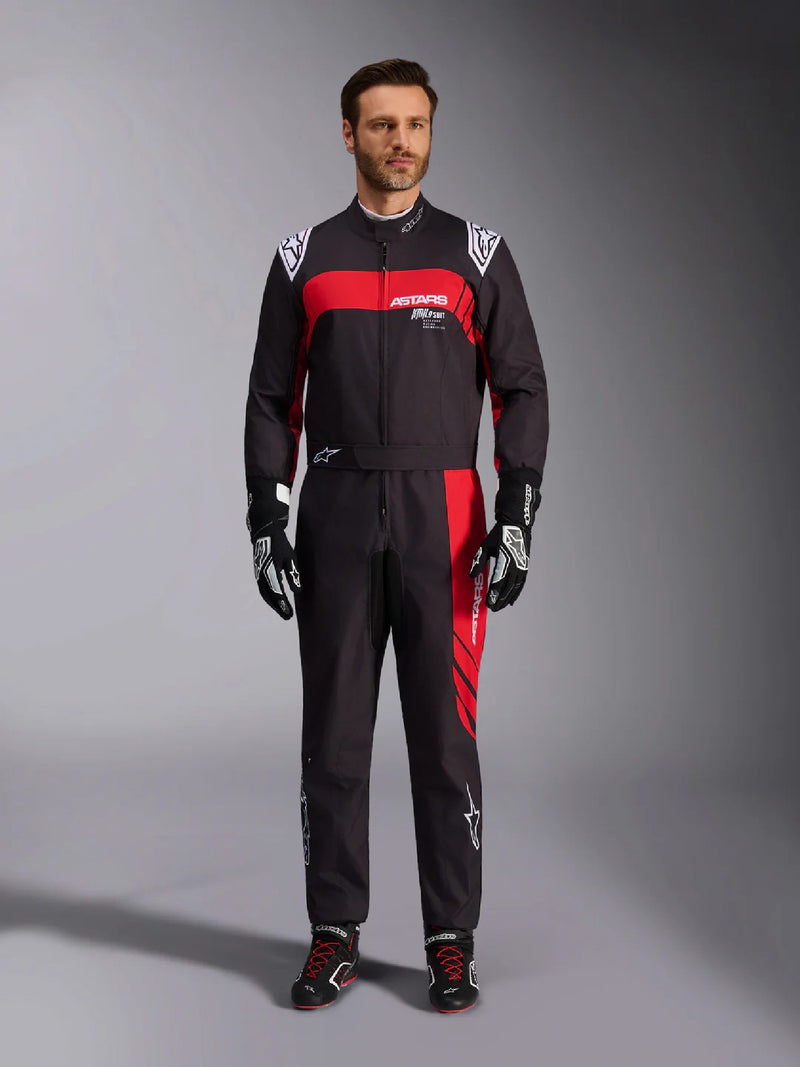 Full Front view of a driver wearing the Alpinestars KMX-9 V3 Graphic 3 Kart Suit in Black/Red color at FAST RACER