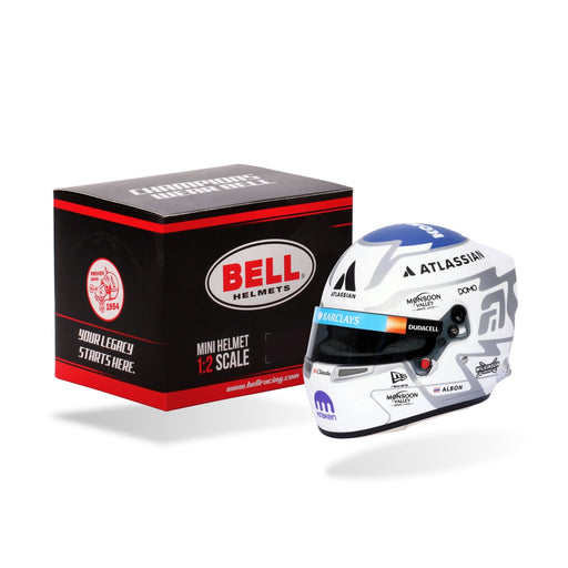 Front three-quarter view of Alex Albon's 2026 Williams F1 Bell 1:2 scale mini helmet with Bell retail box - FAST RACER