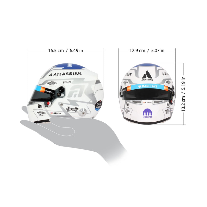 Size chart for Alex Albon's 2026 Williams mini helmet: 16.5 cm long, 12.9 cm wide, 13.2 cm tall - FAST RACER