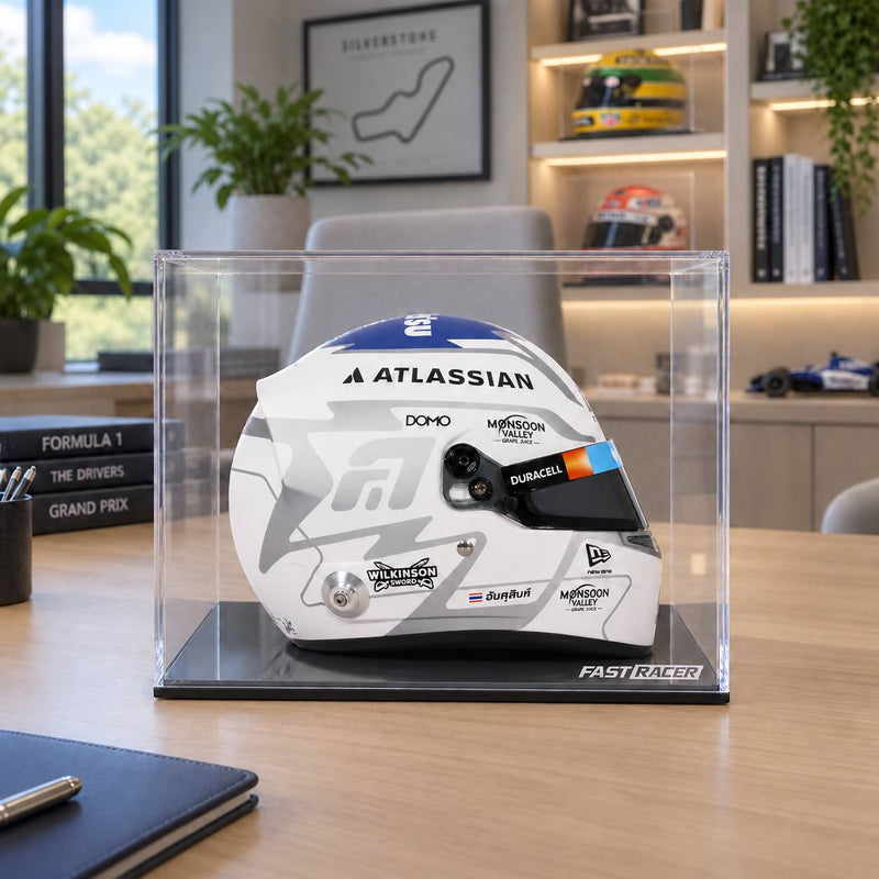 Alex Albon 2026 F1 Bell mini helmet and display case bundle in a lifestyle product photo - Fast Racer
