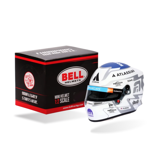 Alex Albon 2026 F1 Bell 1:2 scale mini helmet displayed beside its Bell presentation box - Fast Racer