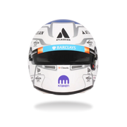 Front view of Alex Albon’s white and blue 2026 F1 Bell mini helmet with Barclays, Atlassian, Duracell, and Kraken graphics - Fast Racer