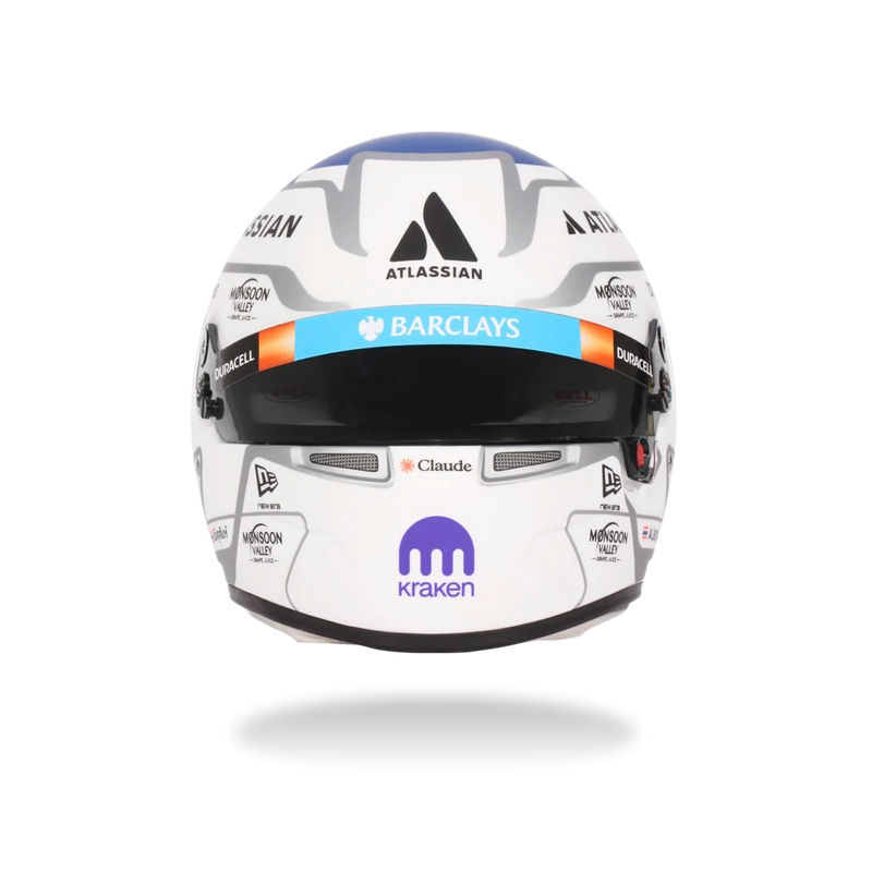 Front view of Alex Albon’s white and blue 2026 F1 Bell mini helmet with Barclays, Atlassian, Duracell, and Kraken graphics - Fast Racer