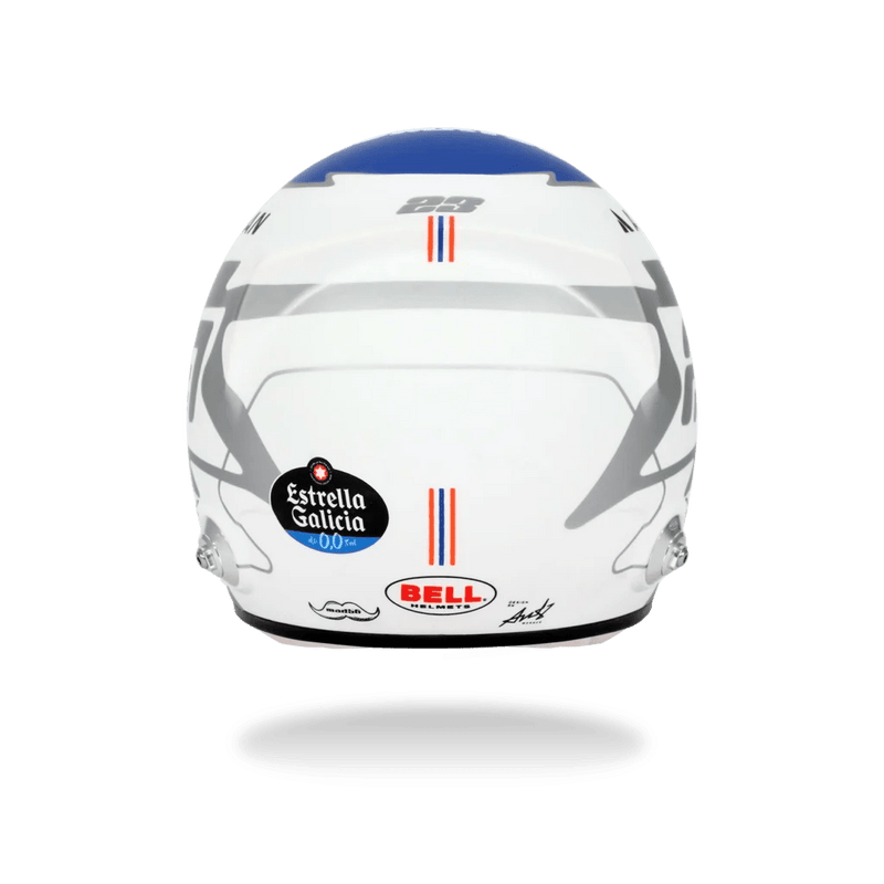 Rear view of Alex Albon’s white and blue 2026 F1 Bell mini helmet with Estrella Galicia, Bell, and Albon branding - Fast Racer