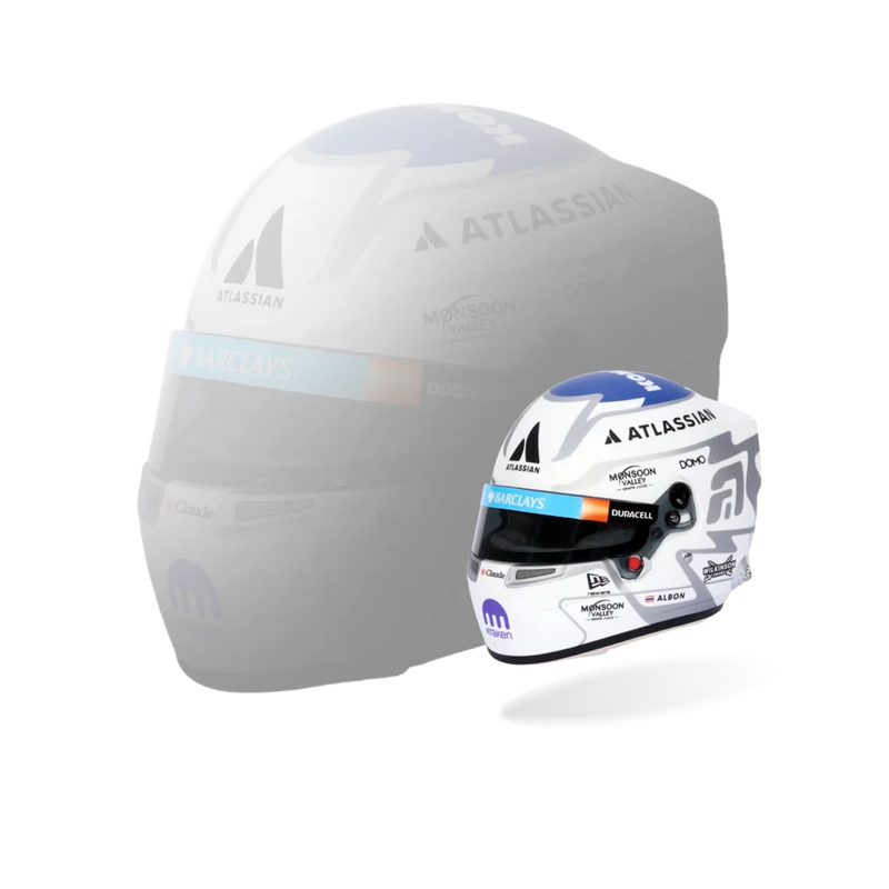 Alex Albon 2026 F1 Bell 1:2 scale mini helmet shown beside a larger helmet silhouette for scale comparison - Fast Racer