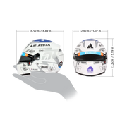 Alex Albon 2026 F1 Bell 1:2 scale mini helmet shown from side and front angles with Atlassian, Barclays, and Kraken graphics - Fast Racer