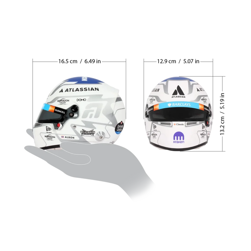 Alex Albon 2026 F1 Bell 1:2 scale mini helmet shown from side and front angles with Atlassian, Barclays, and Kraken graphics - Fast Racer