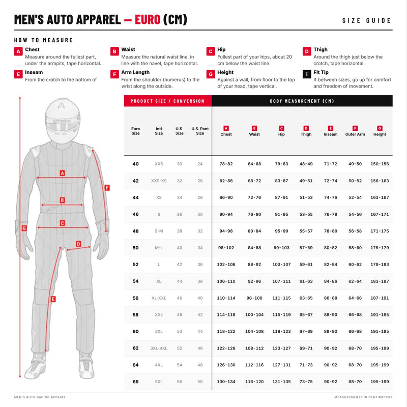 Alpinestars Fire Suit and Kart Suit Size Chart in Centimeters at FAST RACER