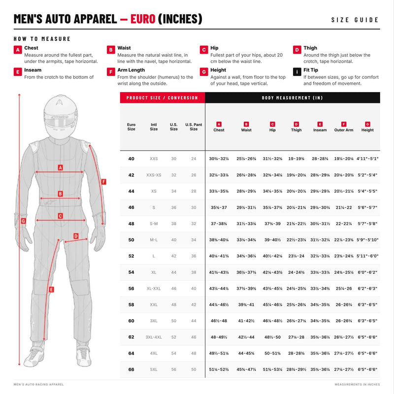 Alpinestars Fire Suit and Kart Suit Size Chart in Inches at FAST RACER