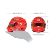Size chart for Esteban Ocon's 2026 Haas mini helmet: 16.5 cm long, 12.9 cm wide, 13.2 cm tall - FAST RACER