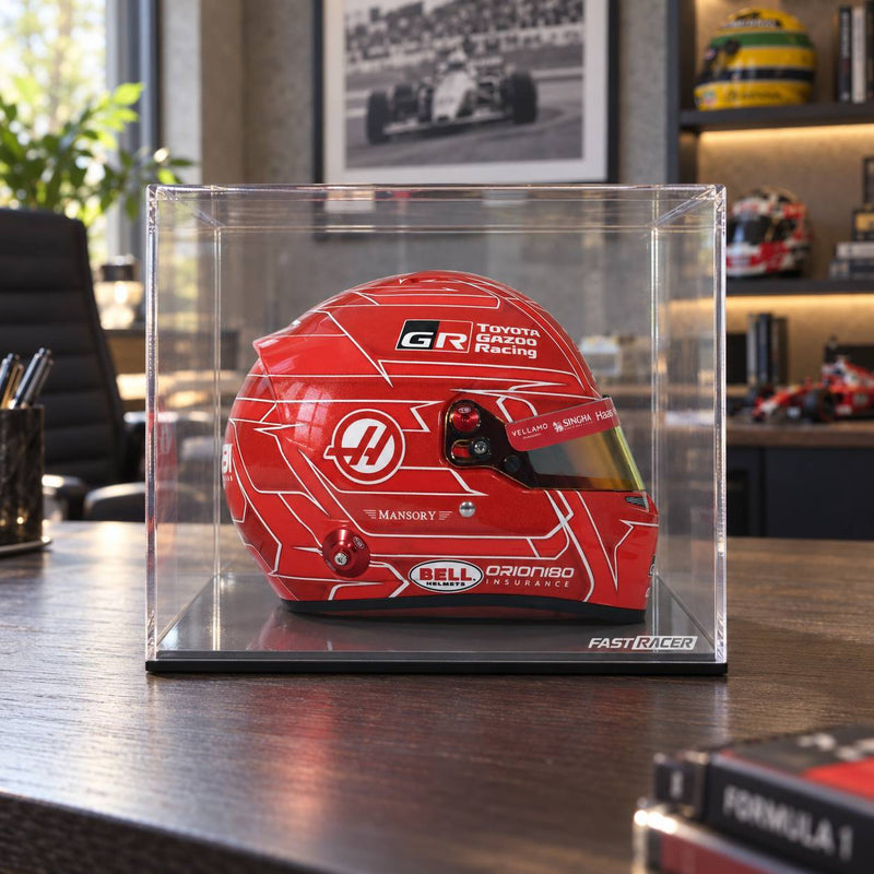 Esteban Ocon 2026 F1 Bell mini helmet and display case bundle in a lifestyle product photo - Fast Racer