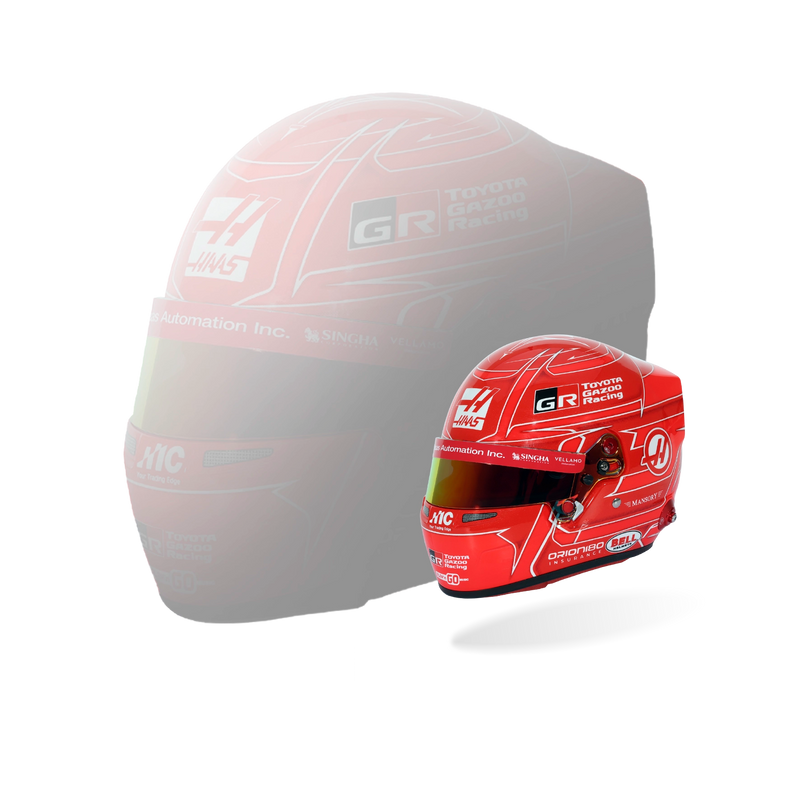 Esteban Ocon 2026 F1 Bell 1:2 scale mini helmet shown beside a full-size helmet silhouette for scale comparison - Fast Racer