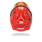 Opposite side view of Esteban Ocon’s red 2026 F1 Bell mini helmet with Toyota Gazoo Racing, Haas, Mansory, and Bell graphics - Fast Racer
