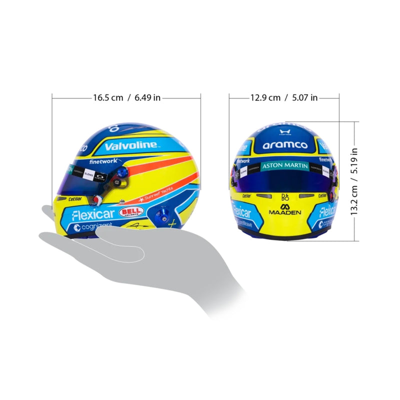 Size chart for Fernando Alonso's 2026 Aston Martin mini helmet: 16.5 cm long, 12.9 cm wide, 13.2 cm tall - FAST RACER