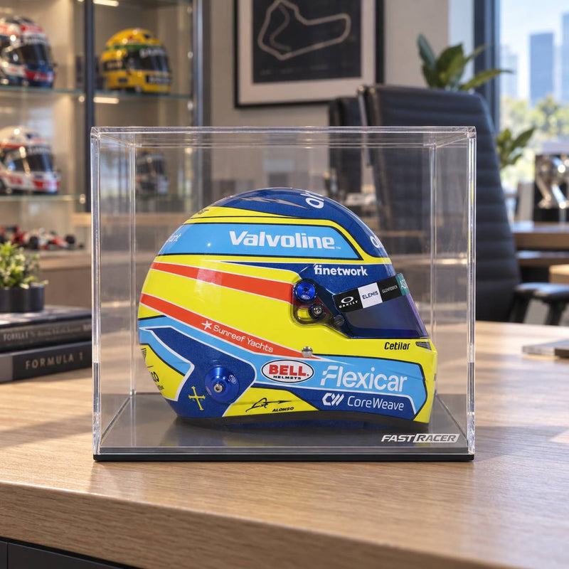 Fernando Alonso 2026 F1 Bell mini helmet and display case bundle in a lifestyle product photo - Fast Racer
