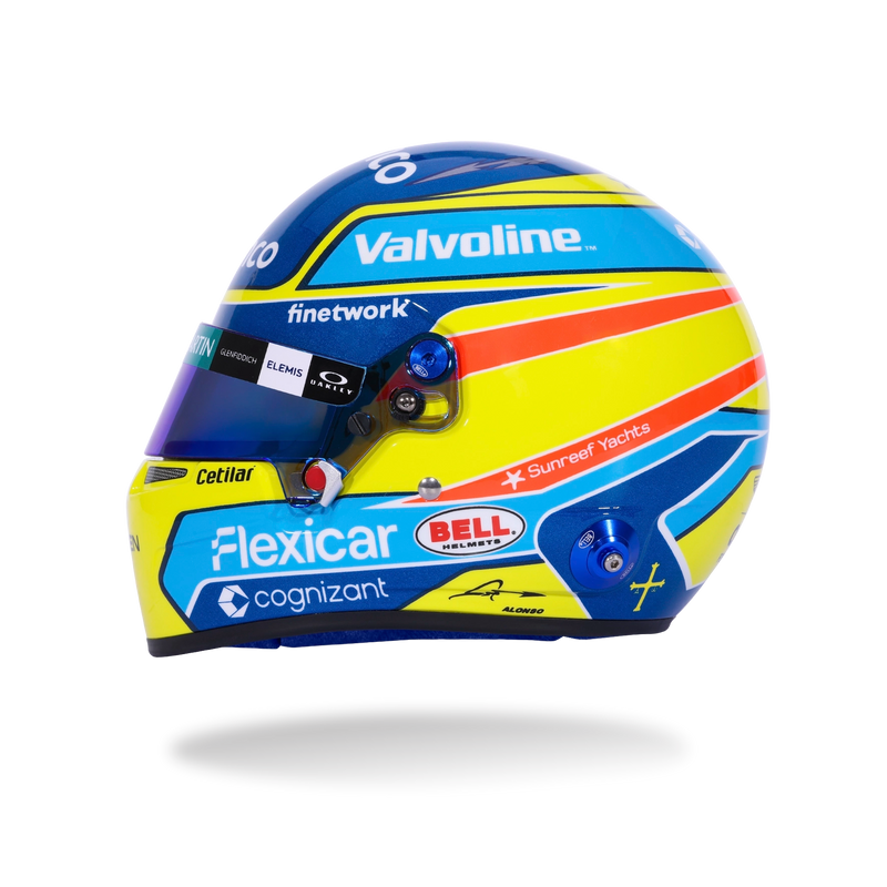 Rear view of Fernando Alonso’s 2026 F1 Bell mini helmet with Aston Martin, Aramco, Flexicar, and Maaden branding - Fast Racer