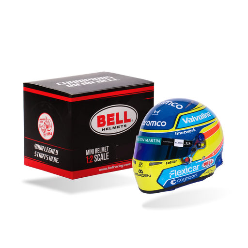 Fernando Alonso 2026 F1 Bell 1:2 scale mini helmet shown beside a full-size helmet for scale comparison - Fast Racer