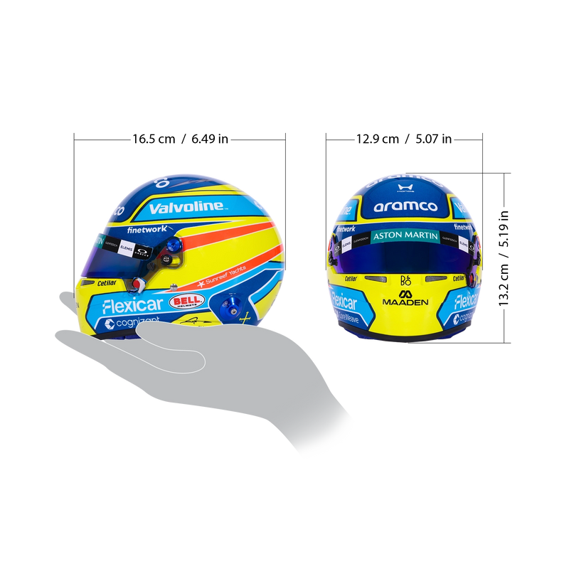 Fernando Alonso 2026 F1 Bell 1:2 scale mini helmet shown from side and rear angles - Fast Racer