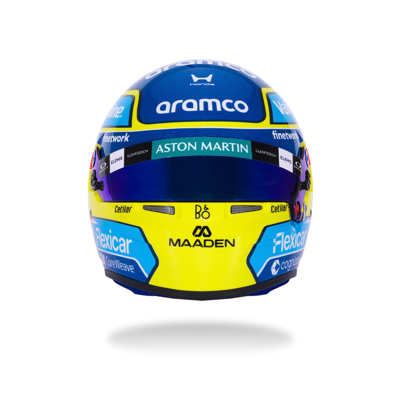 Side view of Fernando Alonso’s 2026 F1 Bell mini helmet with blue, yellow, and red graphics and Flexicar branding - Fast Racer