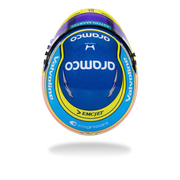 Top view of Fernando Alonso’s 2026 F1 Bell mini helmet with Aramco, Valvoline, Aston Martin, and Cognizant graphics - Fast Racer