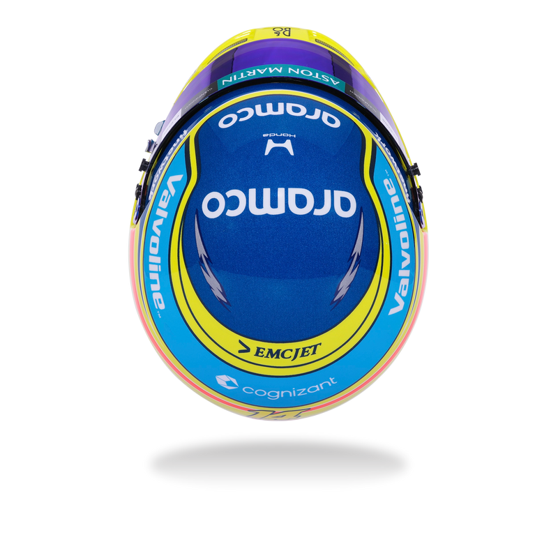 Top view of Fernando Alonso’s 2026 F1 Bell mini helmet with Aramco, Valvoline, Aston Martin, and Cognizant graphics - Fast Racer
