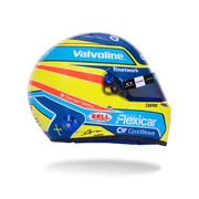 Top view of Fernando Alonso’s 2026 F1 Bell mini helmet with Aramco, Valvoline, Aston Martin, and Cognizant graphics - Fast Racer