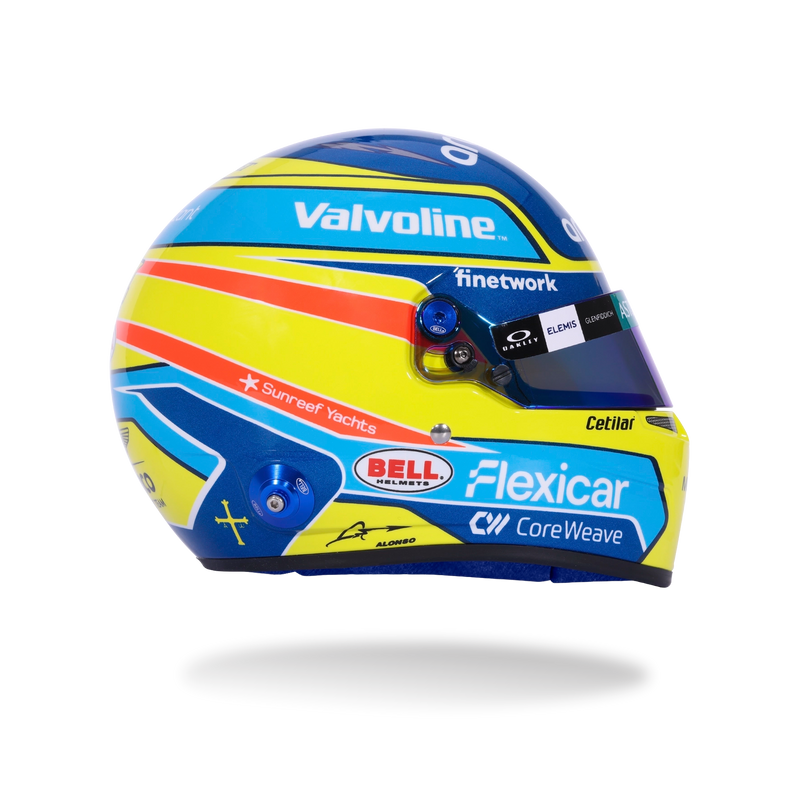 Top view of Fernando Alonso’s 2026 F1 Bell mini helmet with Aramco, Valvoline, Aston Martin, and Cognizant graphics - Fast Racer