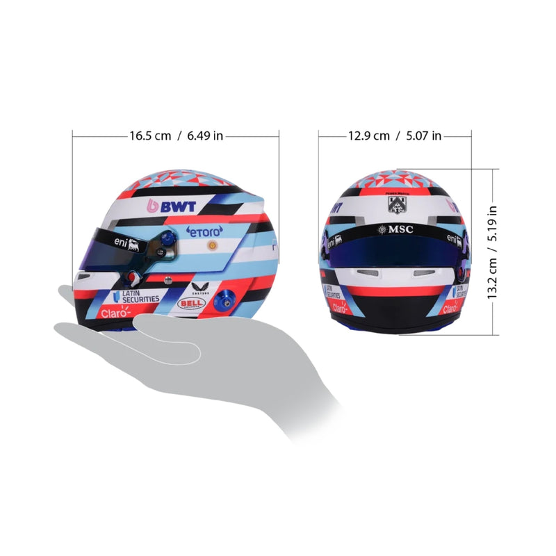 Size chart for Franco Colapinto's 2026 Alpine mini helmet: 16.5 cm long, 12.9 cm wide, 13.2 cm tall - FAST RACER