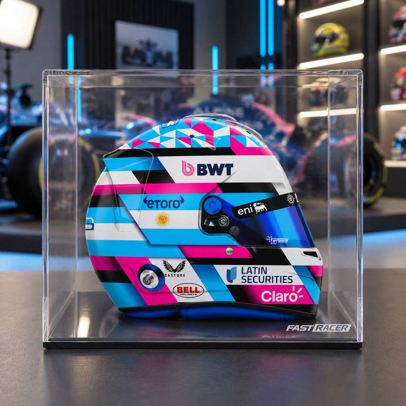 Franco Colapinto 2026 F1 Alpine Bell mini helmet and display case bundle in a lifestyle product photo - Fast Racer