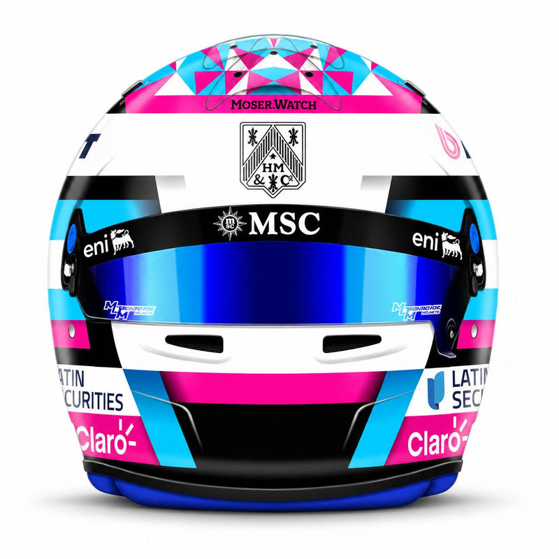 Front view of Franco Colapinto’s Alpine 2026 F1 Bell mini helmet with a blue mirrored visor, MSC, BWT, and Claro branding - Fast Racer