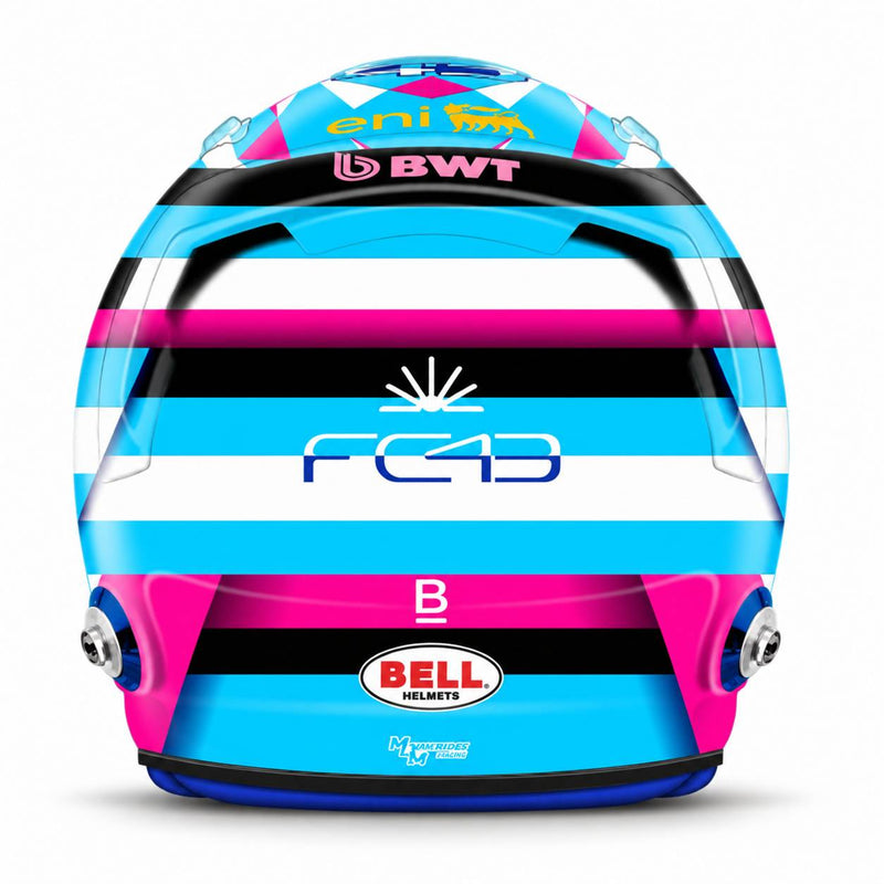 Rear view of Franco Colapinto’s Alpine 2026 F1 Bell mini helmet with BWT, Argentine-inspired blue and pink graphics, and Bell branding - Fast Racer