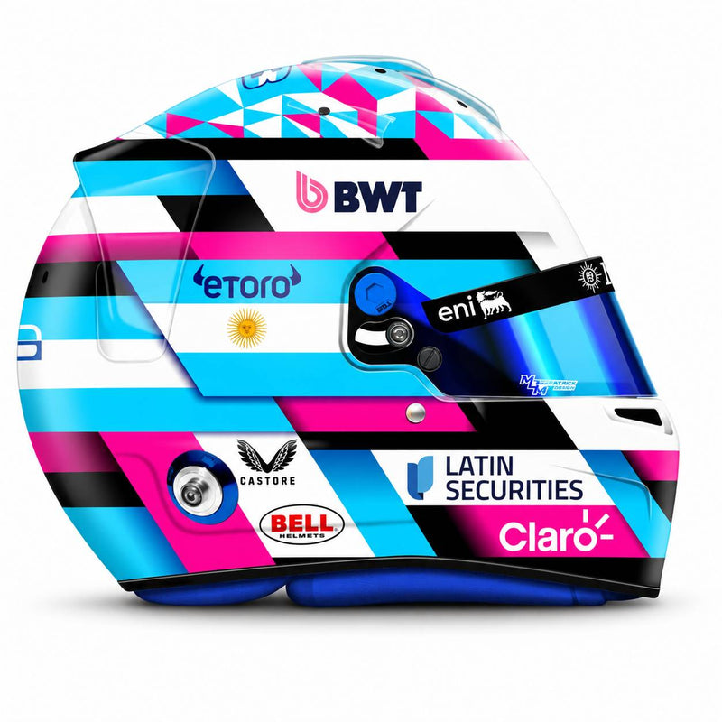 Opposite side view of Franco Colapinto’s Alpine 2026 F1 Bell mini helmet with BWT, etoro, Argentine flag, Castore, and Claro graphics - Fast Racer