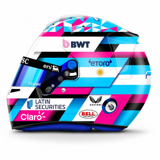 Side view of Franco Colapinto’s Alpine 2026 F1 Bell 1:2 scale mini helmet with BWT, etoro, Argentine flag, Castore, and Claro graphics - Fast Racer