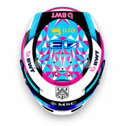 Top view of Franco Colapinto’s Alpine 2026 F1 Bell mini helmet with blue, pink, white, and black geometric graphics - Fast Racer