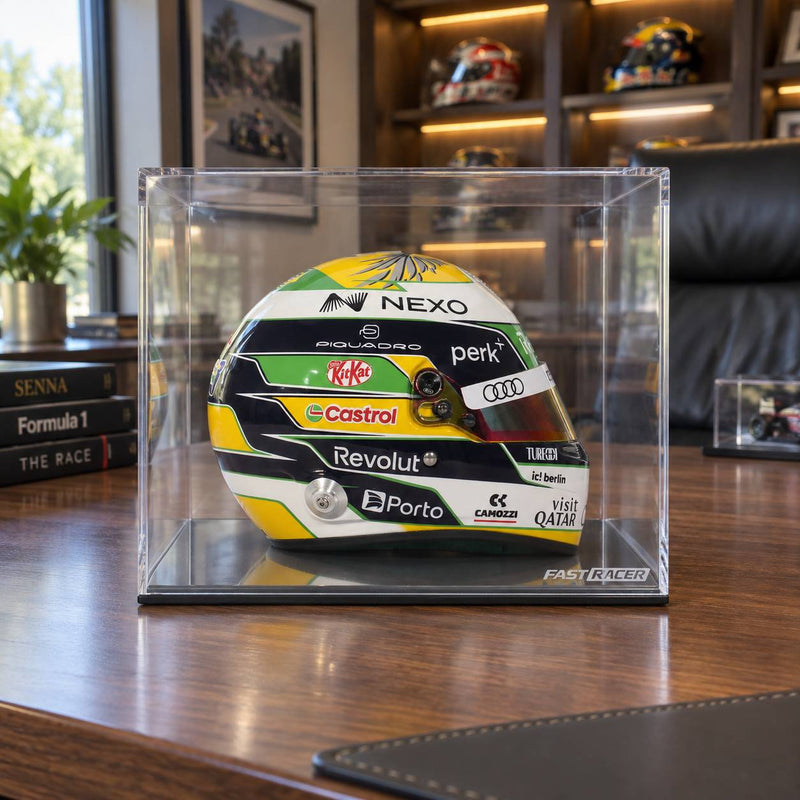 Gabriel Bortoleto 2026 F1 Bell mini helmet and display case bundle in a lifestyle product photo - Fast Racer