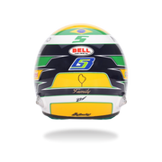 Rear view of Gabriel Bortoleto’s 2026 F1 Bell mini helmet with Brazilian flag colors, number 5, and Family graphic - Fast Racer