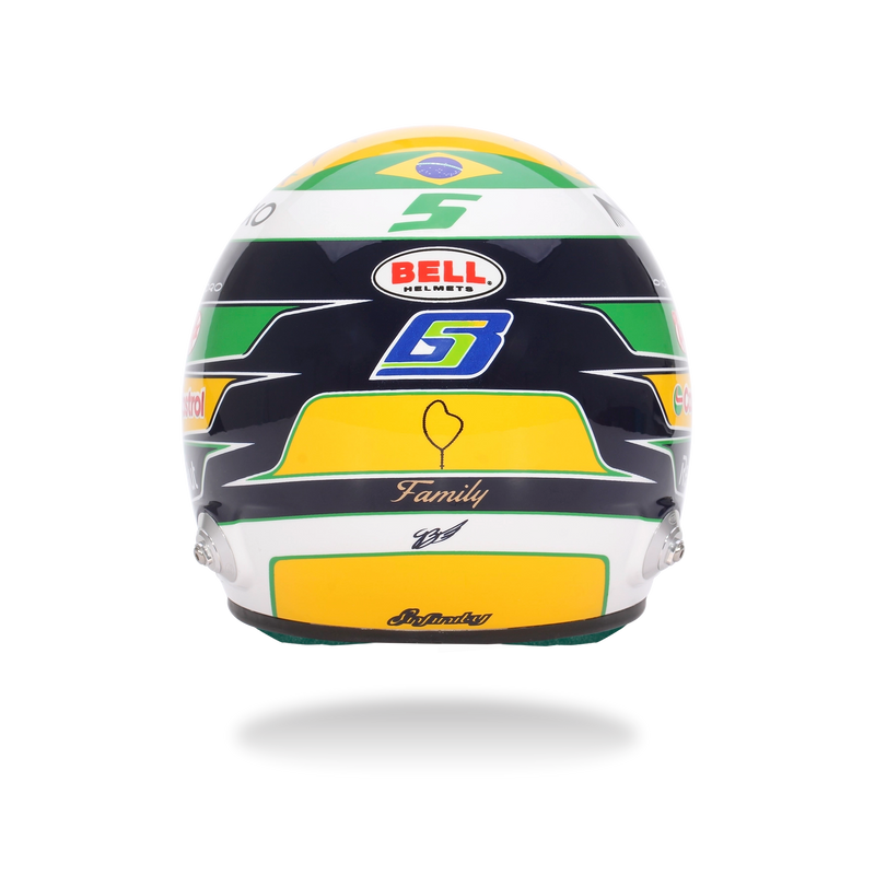 Rear view of Gabriel Bortoleto’s 2026 F1 Bell mini helmet with Brazilian flag colors, number 5, and Family graphic - Fast Racer