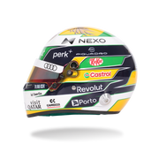 Front view of Gabriel Bortoleto’s 2026 F1 Bell mini helmet with a tinted visor, green, yellow, white, and black graphics - Fast Racer