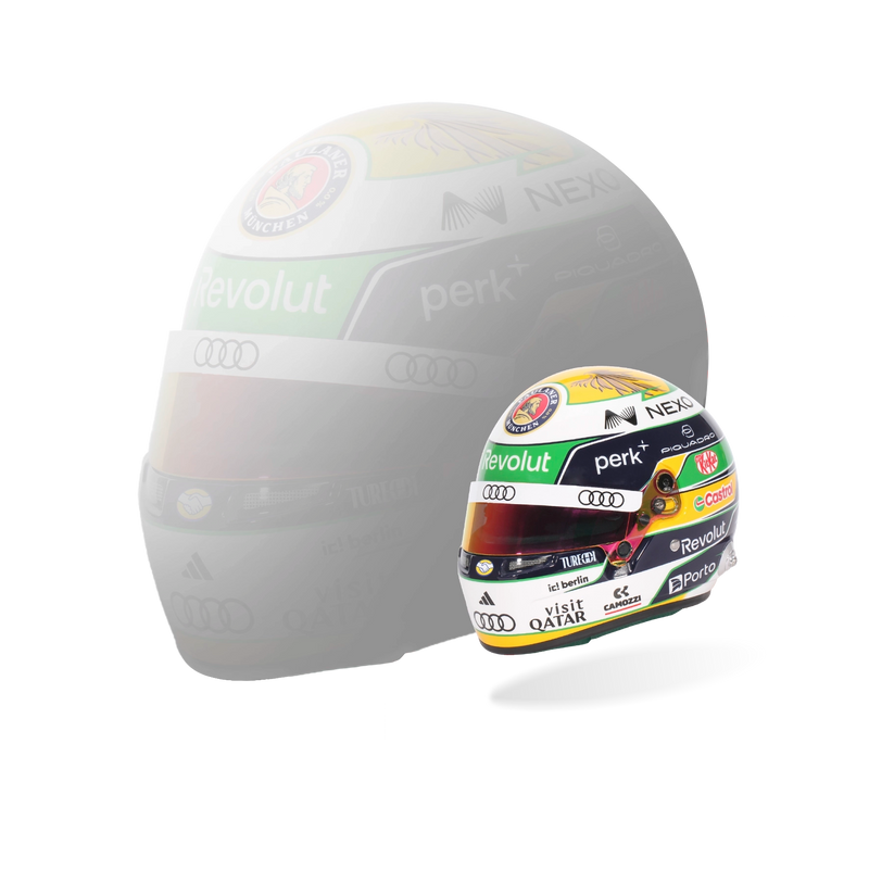 Front three-quarter view of Gabriel Bortoleto’s 2026 F1 Bell mini helmet with sponsor graphics and tinted visor - Fast Racer