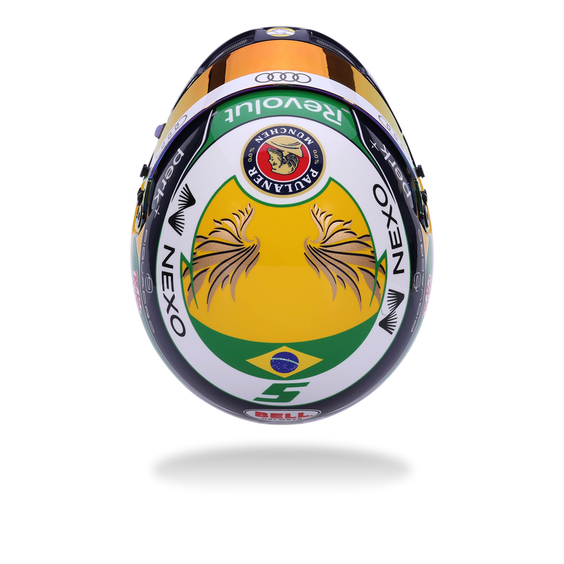 Rear view of the Gabriel Bortoleto 2026 F1 mini helmet featuring Brazilian-inspired graphics and Bell branding - Fast Racer