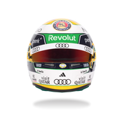 Side view of Gabriel Bortoleto’s 2026 F1 Bell mini helmet with sponsor logos and green, yellow, white, and black graphics - Fast Racer
