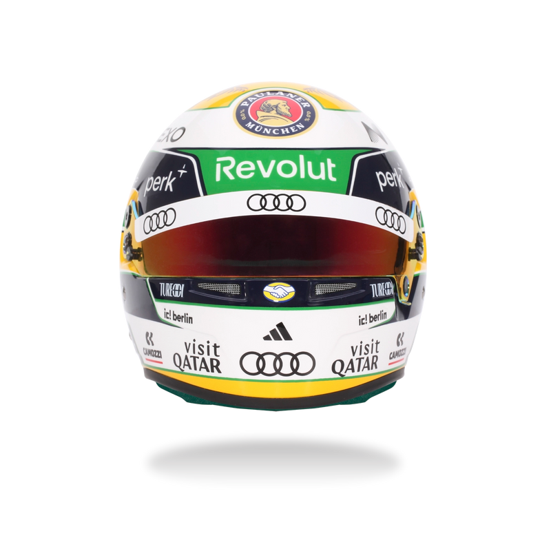Side view of Gabriel Bortoleto’s 2026 F1 Bell mini helmet with sponsor logos and green, yellow, white, and black graphics - Fast Racer